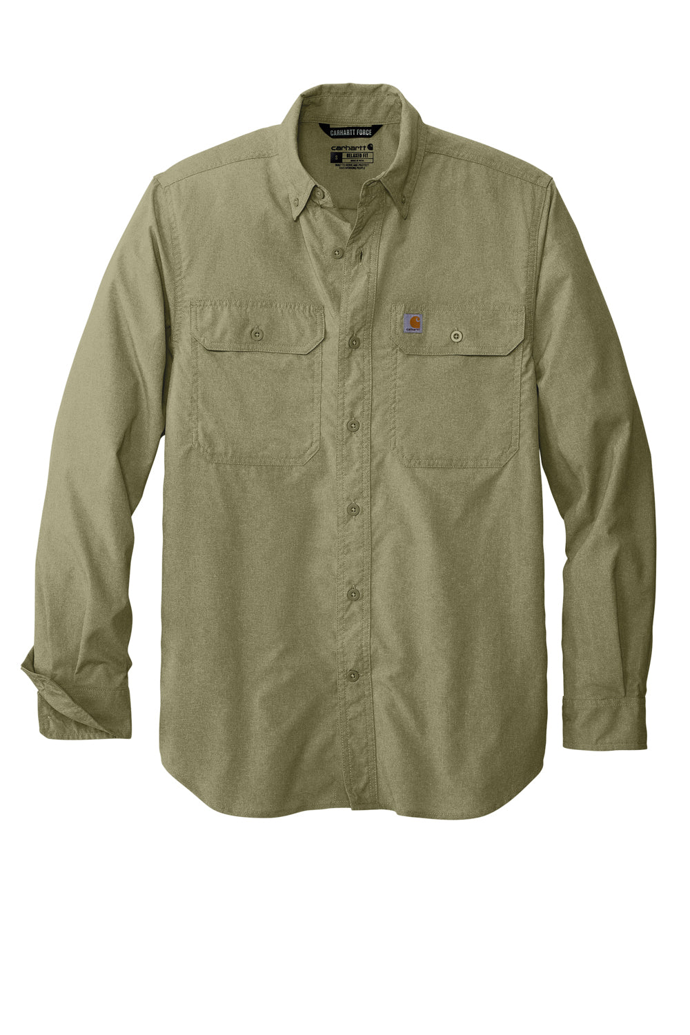 Carhartt CT105291 Mens Force Moisture Wicking Long Sleeve Button Down Shirt w/ Double Pockets Burnt Olive Green Flat Front