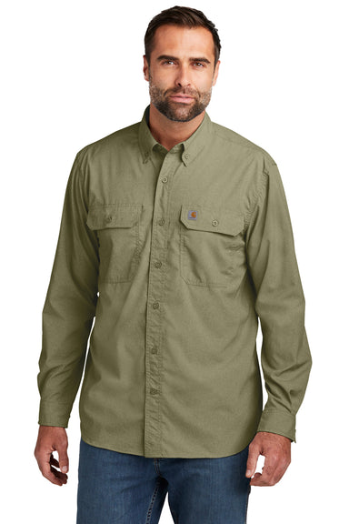 Carhartt CT105291 Mens Force Moisture Wicking Long Sleeve Button Down Shirt w/ Double Pockets Burnt Olive Green Model Front