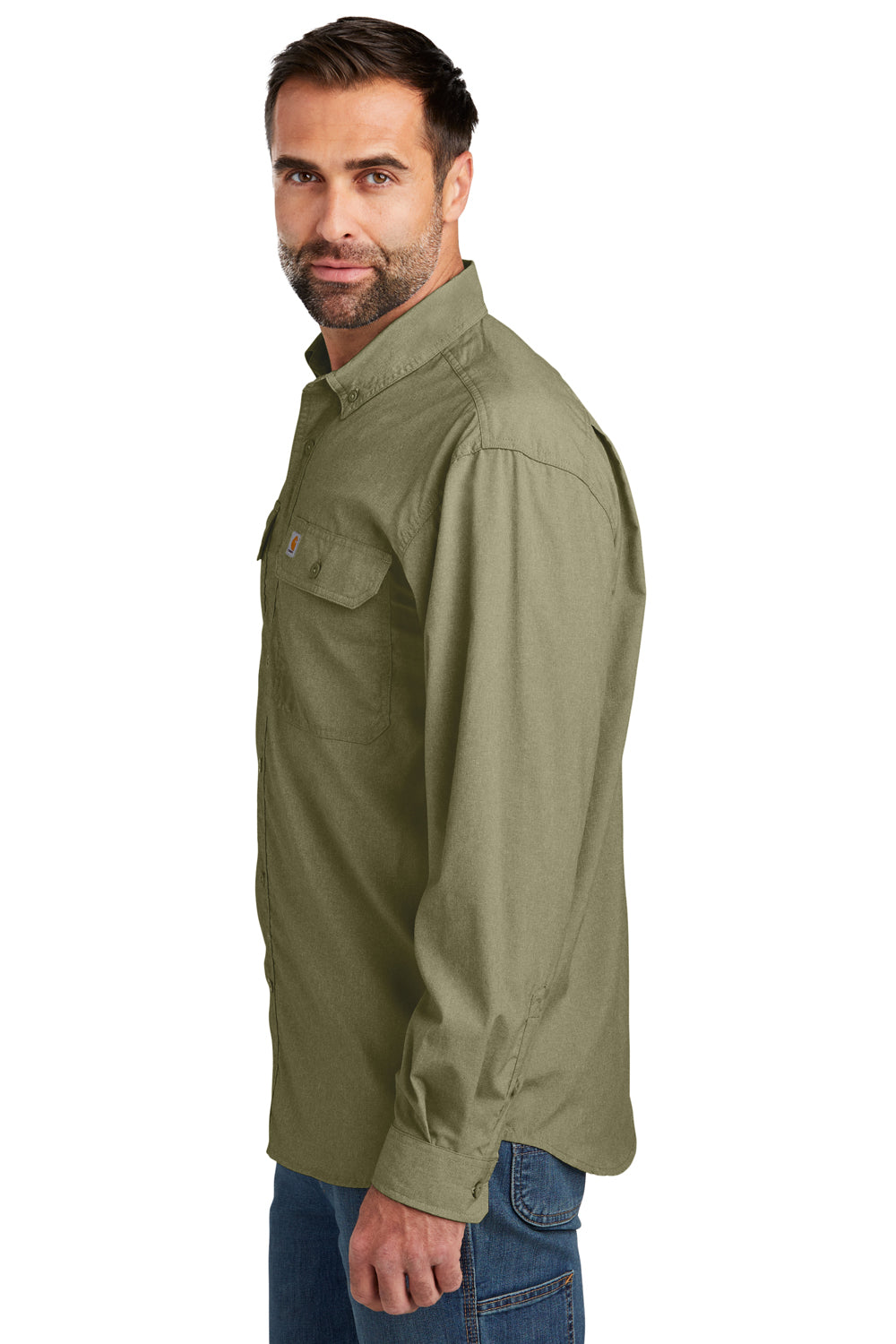 Carhartt CT105291 Mens Force Moisture Wicking Long Sleeve Button Down Shirt w/ Double Pockets Burnt Olive Green Model Side