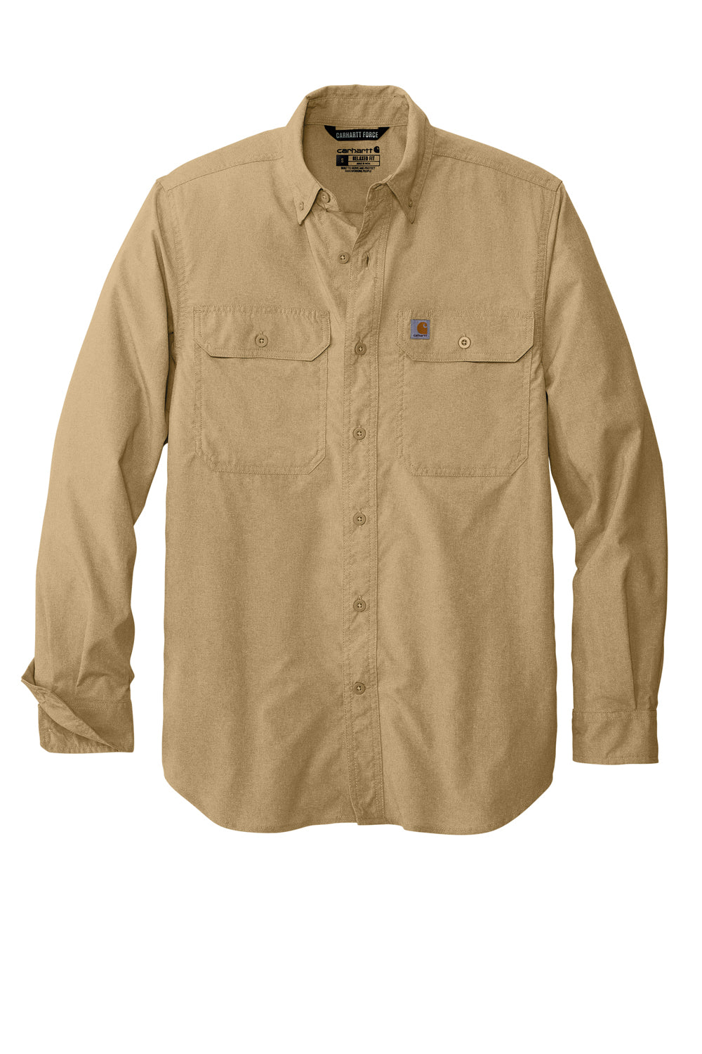 Carhartt CT105291 Mens Force Moisture Wicking Long Sleeve Button Down Shirt w/ Double Pockets Dark Khaki Brown Flat Front