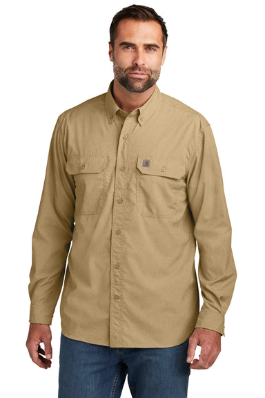Carhartt CT105291 Mens Force Moisture Wicking Long Sleeve Button Down Shirt w/ Double Pockets Dark Khaki Brown Model Front