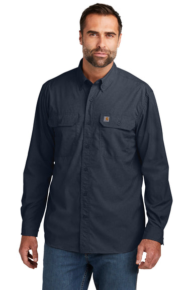 Carhartt CT105291 Mens Force Moisture Wicking Long Sleeve Button Down Shirt w/ Double Pockets Navy Blue Model Front