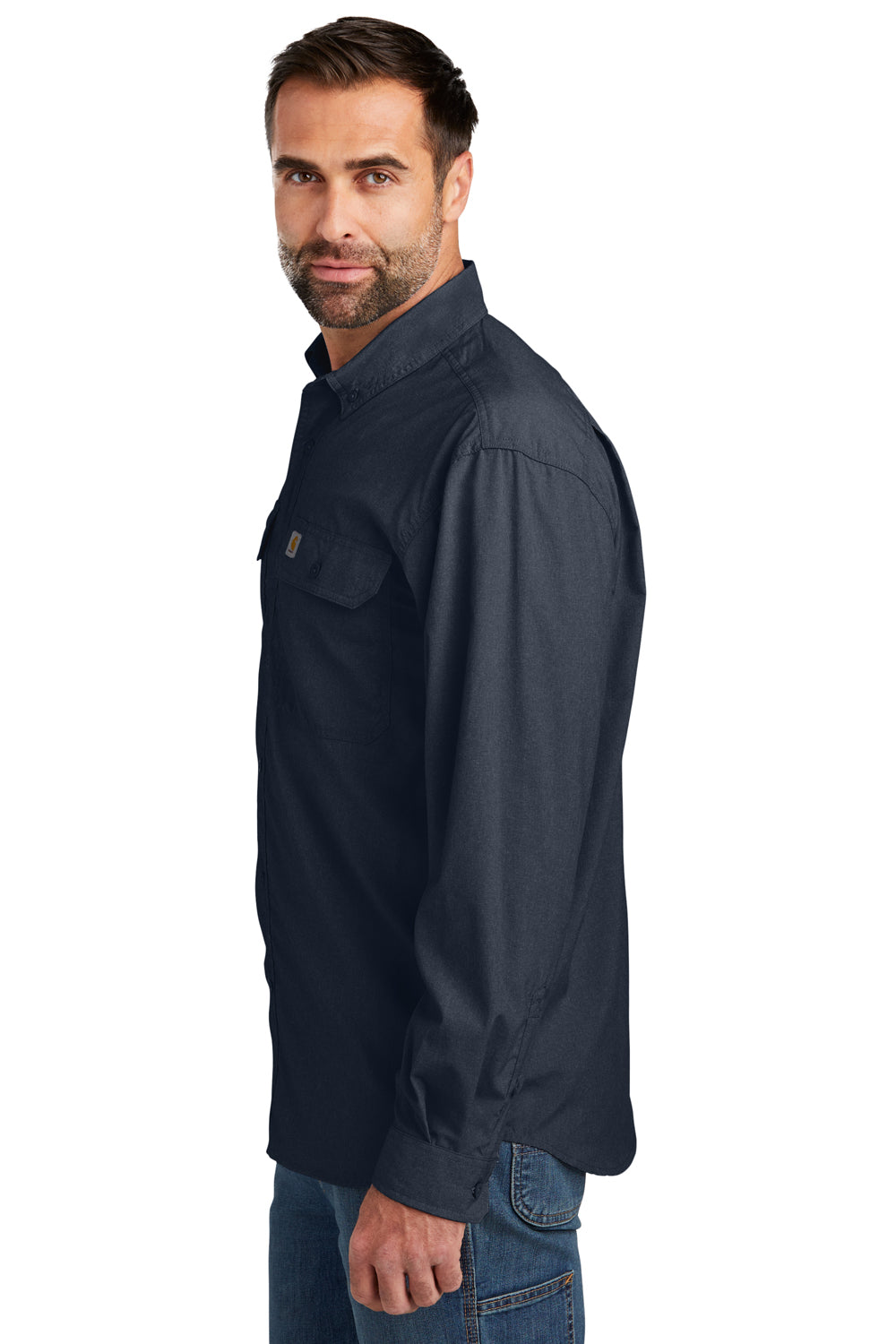 Carhartt CT105291 Mens Force Moisture Wicking Long Sleeve Button Down Shirt w/ Double Pockets Navy Blue Model Side