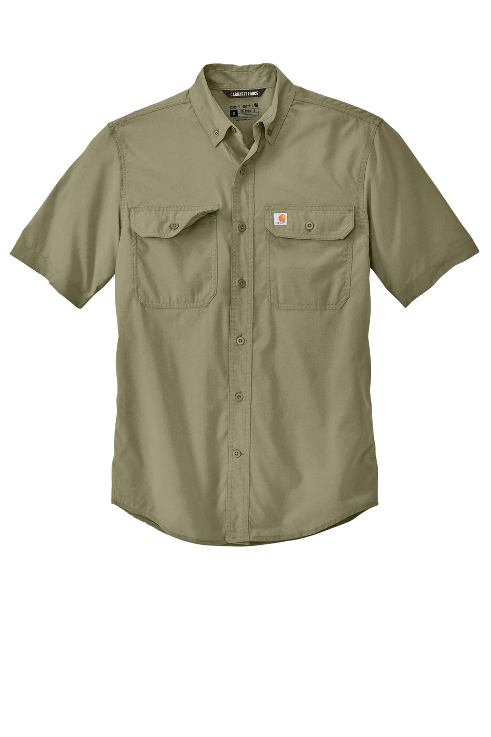Carhartt CT105292 Mens Force Moisture Wicking Short Sleeve Button Down Shirt w/ Double Pockets Burnt Olive Green Flat Front