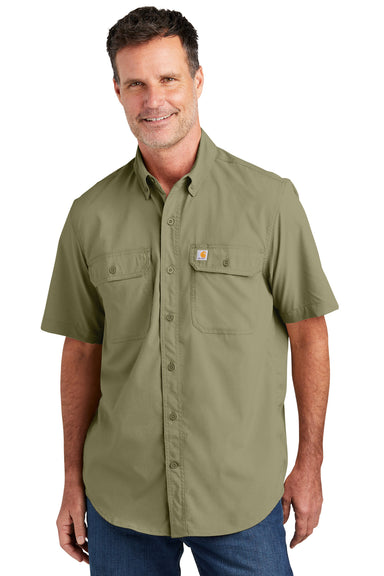 Carhartt CT105292 Mens Force Moisture Wicking Short Sleeve Button Down Shirt w/ Double Pockets Burnt Olive Green Model Front