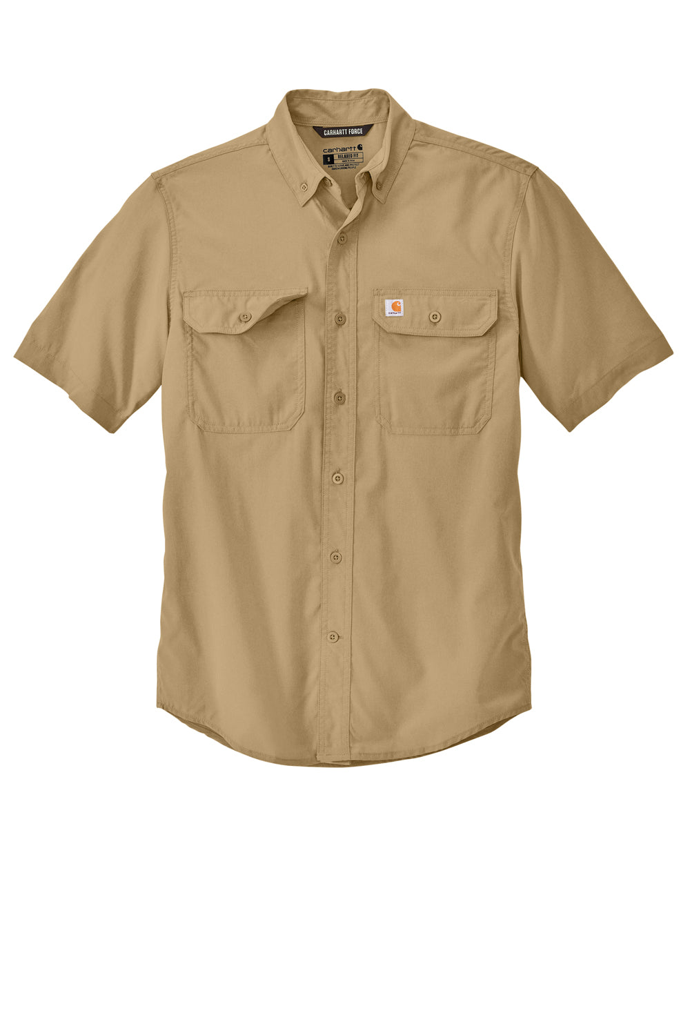 Carhartt CT105292 Mens Force Moisture Wicking Short Sleeve Button Down Shirt w/ Double Pockets Dark Khaki Brown Flat Front