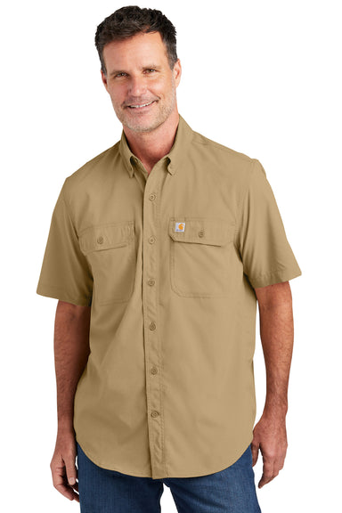 Carhartt CT105292 Mens Force Moisture Wicking Short Sleeve Button Down Shirt w/ Double Pockets Dark Khaki Brown Model Front
