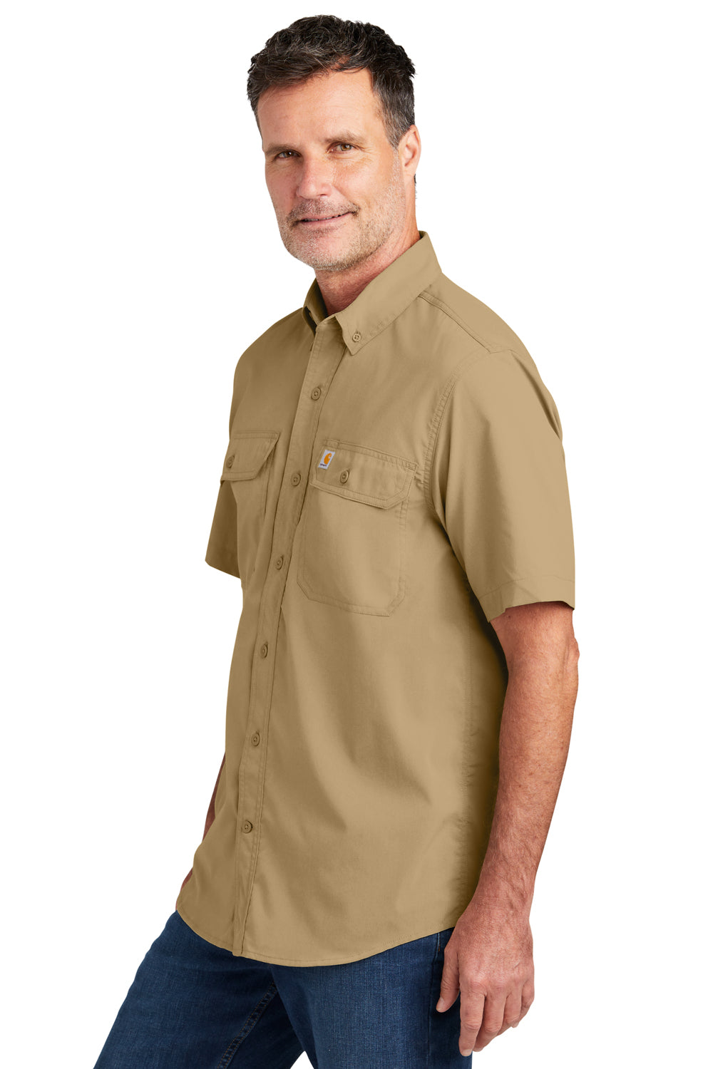 Carhartt CT105292 Mens Force Moisture Wicking Short Sleeve Button Down Shirt w/ Double Pockets Dark Khaki Brown Model Side