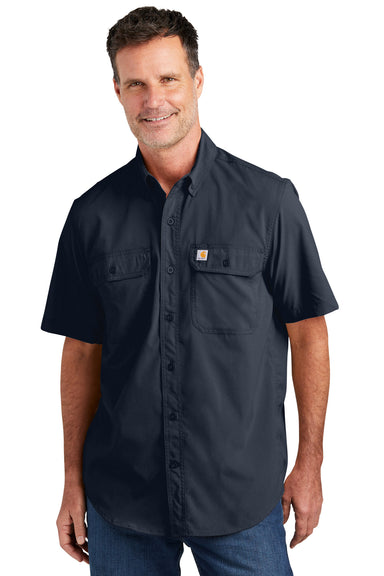 Carhartt CT105292 Mens Force Moisture Wicking Short Sleeve Button Down Shirt w/ Double Pockets Navy Blue Model Front