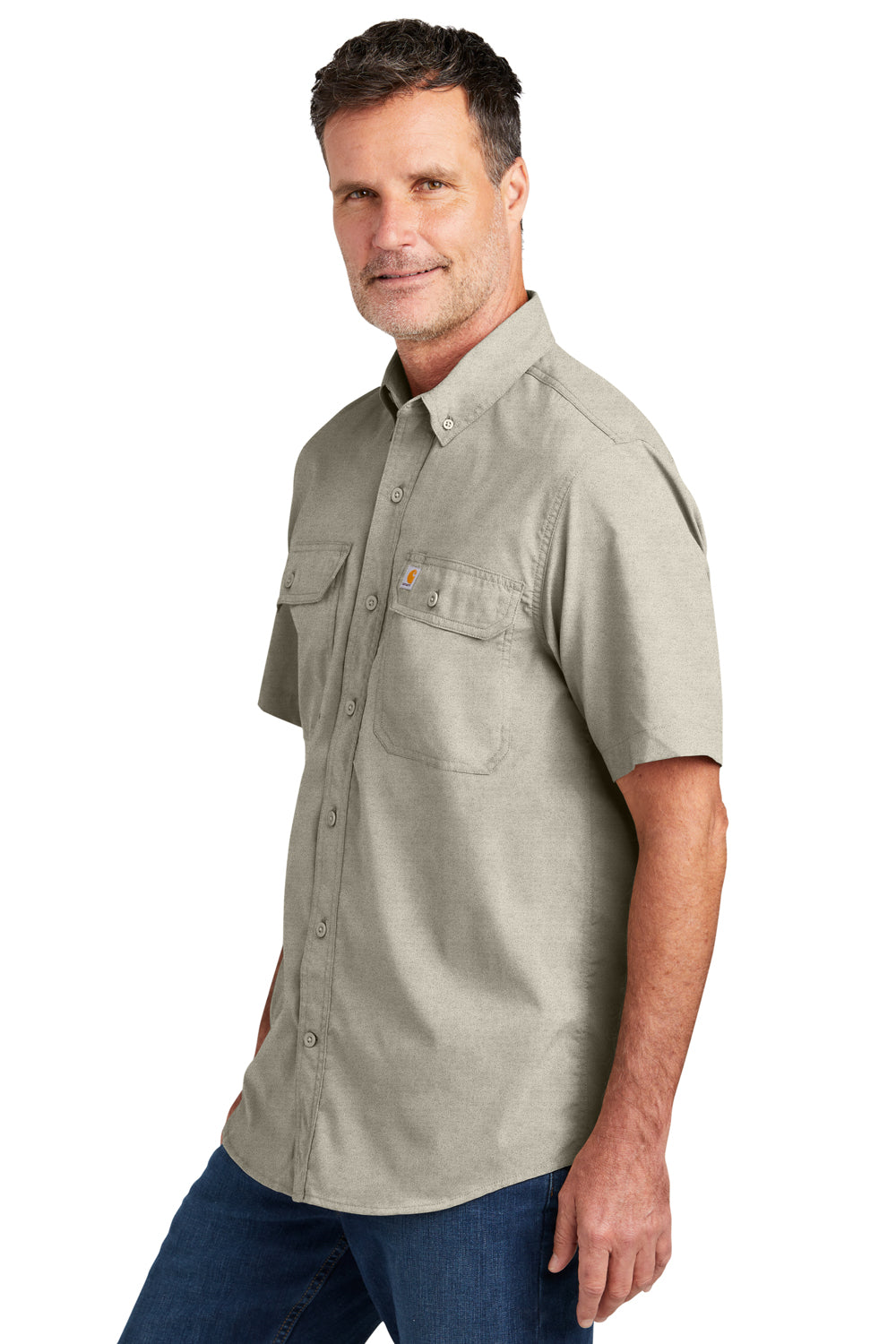 Carhartt CT105292 Mens Force Moisture Wicking Short Sleeve Button Down Shirt w/ Double Pockets Steel Grey Model Side