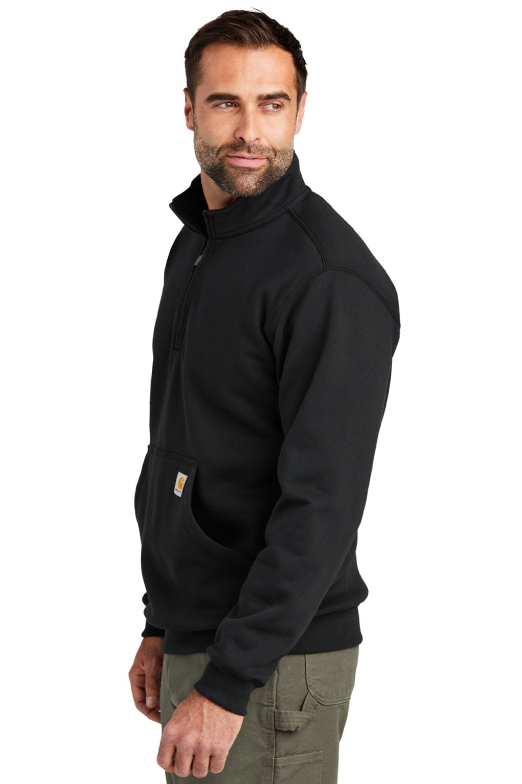 Carhartt CT105294 Mens 1/4 Zip Sweatshirt w/ Pouch Pocket Black Model Side