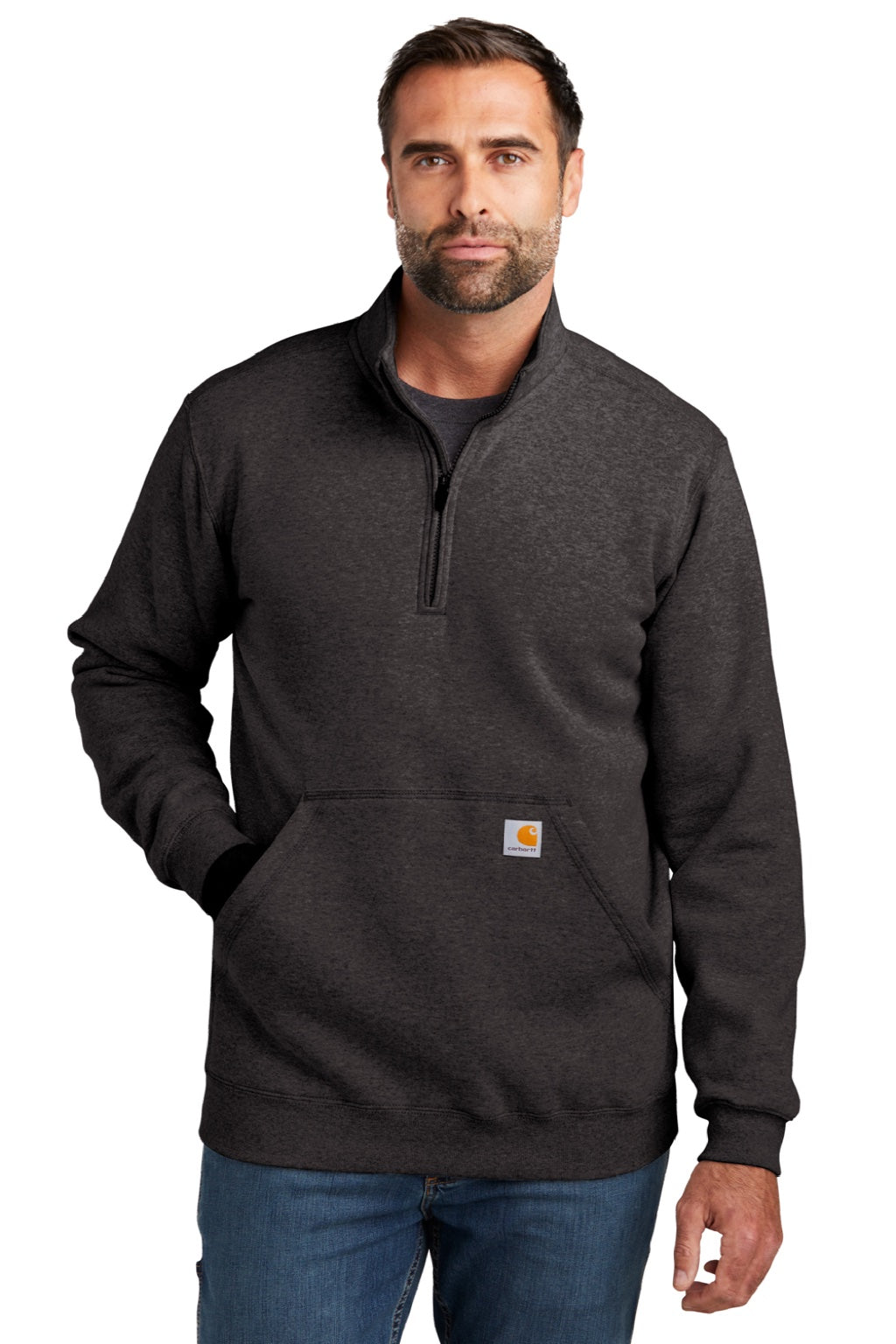 Carhartt CT105294 Mens 1/4 Zip Sweatshirt w/ Pouch Pocket Heather Carbon Grey Model Front