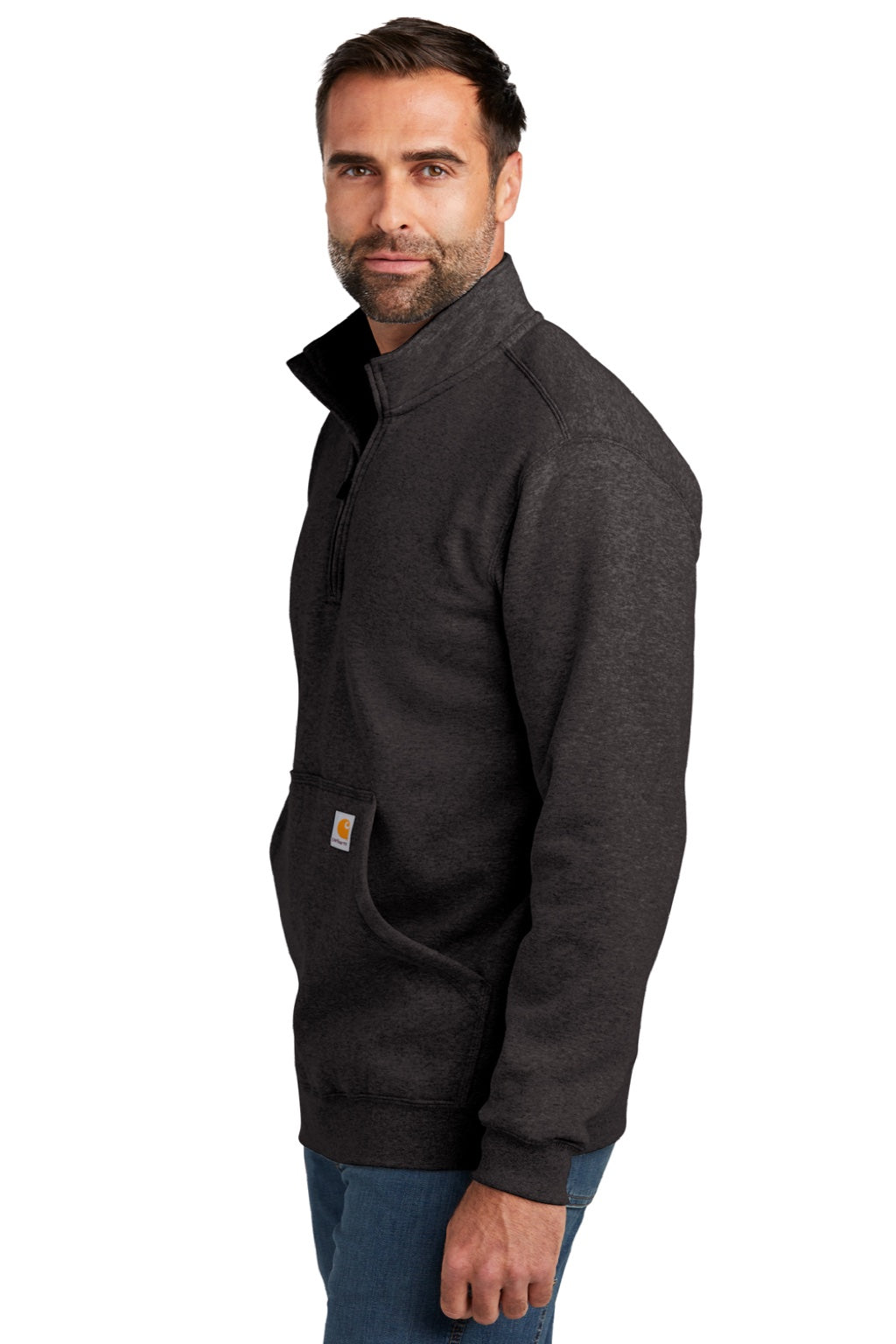 Carhartt CT105294 Mens 1/4 Zip Sweatshirt w/ Pouch Pocket Heather Carbon Grey Model Side