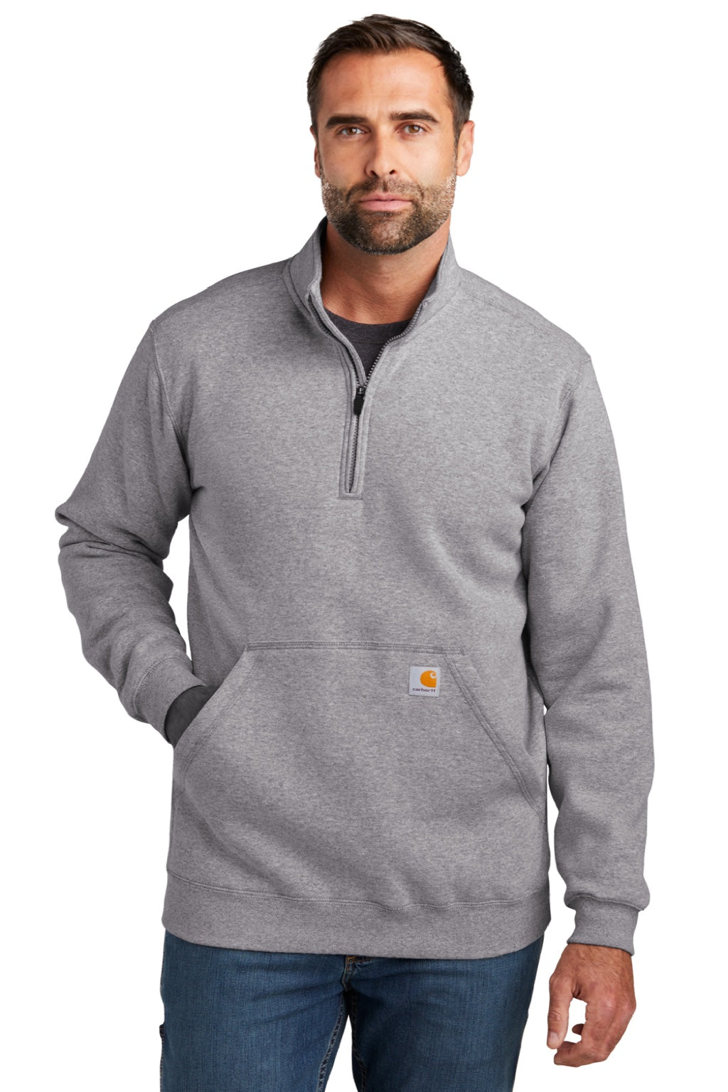 Carhartt CT105294 Mens 1/4 Zip Sweatshirt w/ Pouch Pocket Heather Grey Model Front