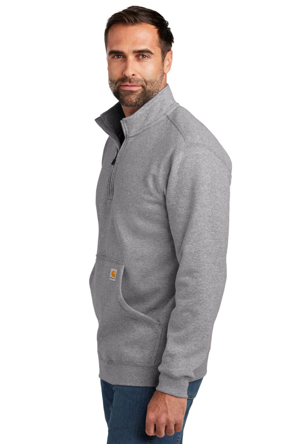 Carhartt CT105294 Mens 1/4 Zip Sweatshirt w/ Pouch Pocket Heather Grey Model Side