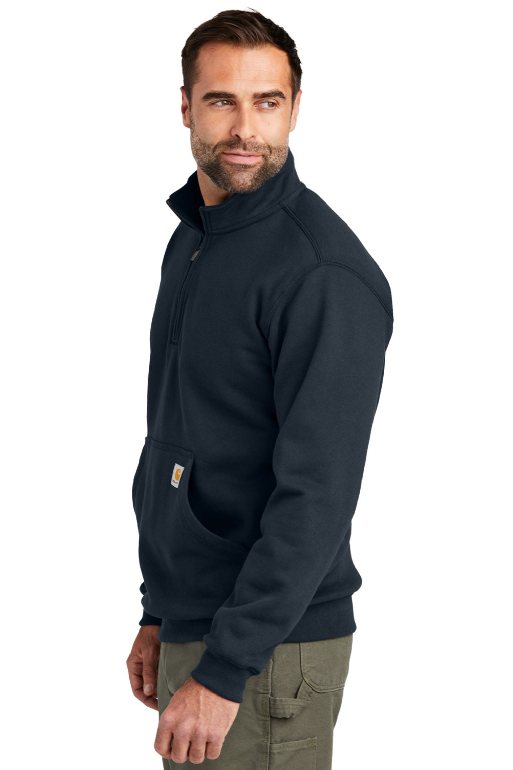 Carhartt CT105294 Mens 1/4 Zip Sweatshirt w/ Pouch Pocket New Navy Blue Model Side