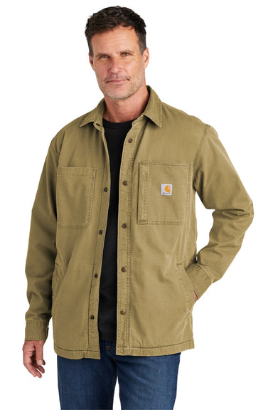 Carhartt CT105532 Mens Rugged Flex Fleece Lined Button Down Shirt Jacket Dark Khaki Brown Model Front
