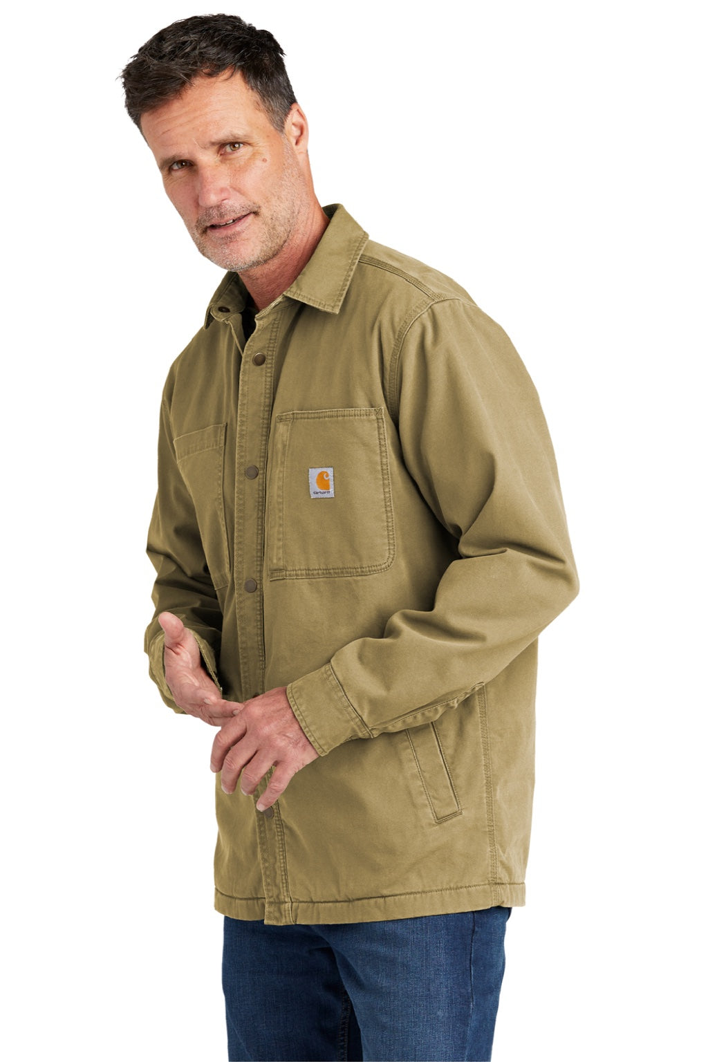 Carhartt CT105532 Mens Rugged Flex Fleece Lined Button Down Shirt Jacket Dark Khaki Brown Model Side