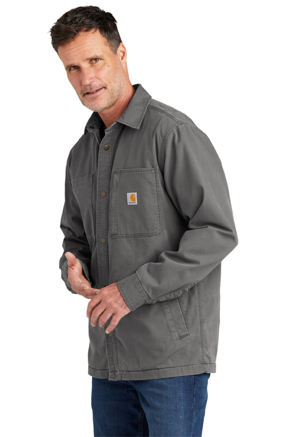 Carhartt CT105532 Mens Rugged Flex Fleece Lined Button Down Shirt Jacket Shadow Grey Model Side