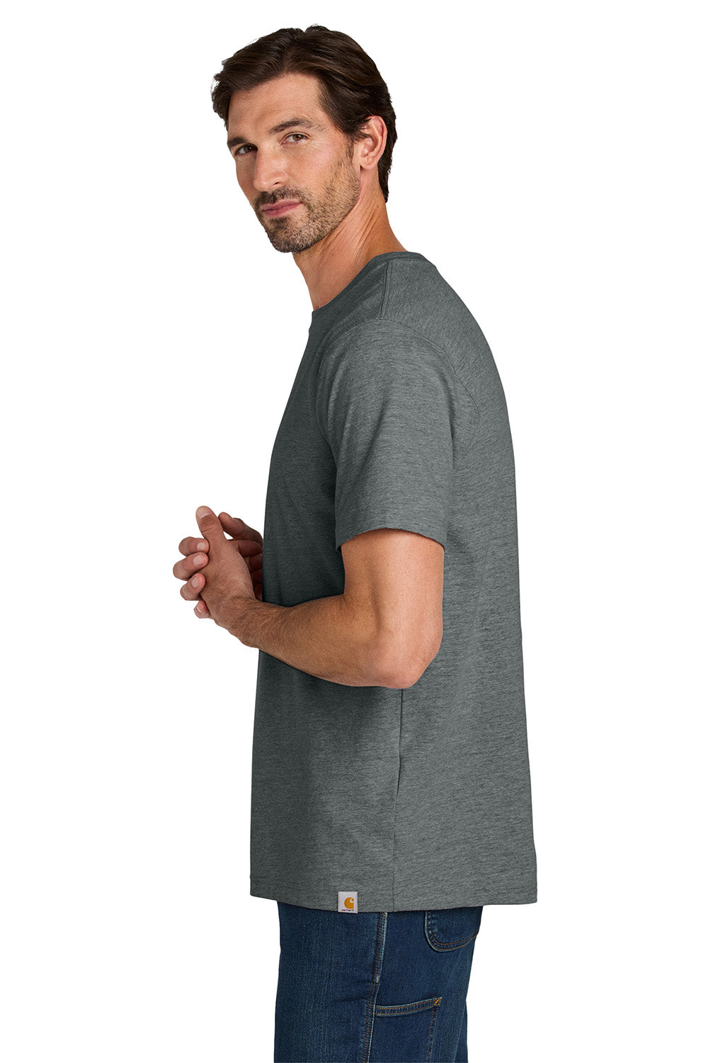 Carhartt CT106020 Mens Short Sleeve Crewneck T-Shirt Heather Carbon Grey Model Side