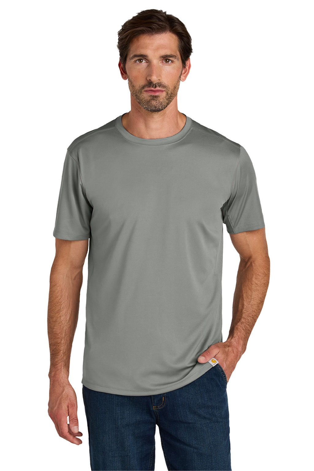 Carhartt CT106868 Mens Force Sun Defender Moisture Wicking Short Sleeve Crewneck T-Shirt Asphalt Grey Model Front