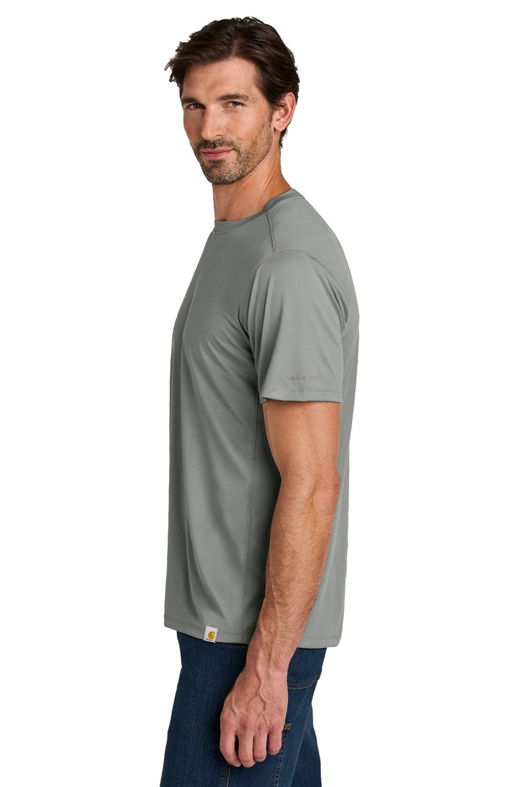 Carhartt CT106868 Mens Force Sun Defender Moisture Wicking Short Sleeve Crewneck T-Shirt Asphalt Grey Model Side