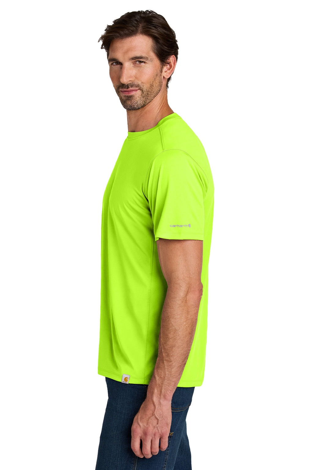 Carhartt CT106868 Mens Force Sun Defender Moisture Wicking Short Sleeve Crewneck T-Shirt Brite Lime Green Model Side