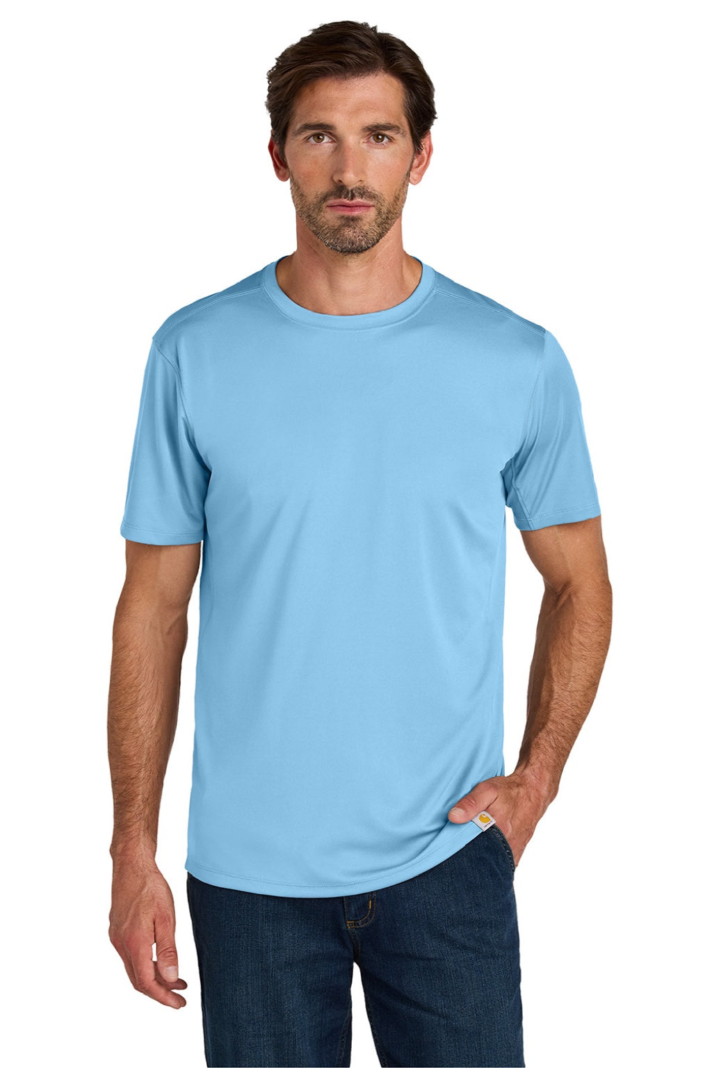 Carhartt CT106868 Mens Force Sun Defender Moisture Wicking Short Sleeve Crewneck T-Shirt Fresh Water Blue Model Front