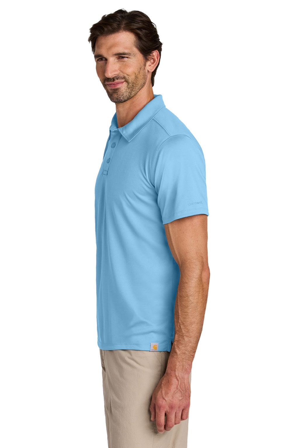 Carhartt CT106899 Mens Force Sun Defender Moisture Wicking Short Sleeve Polo Shirt Fresh Water Blue Model Side