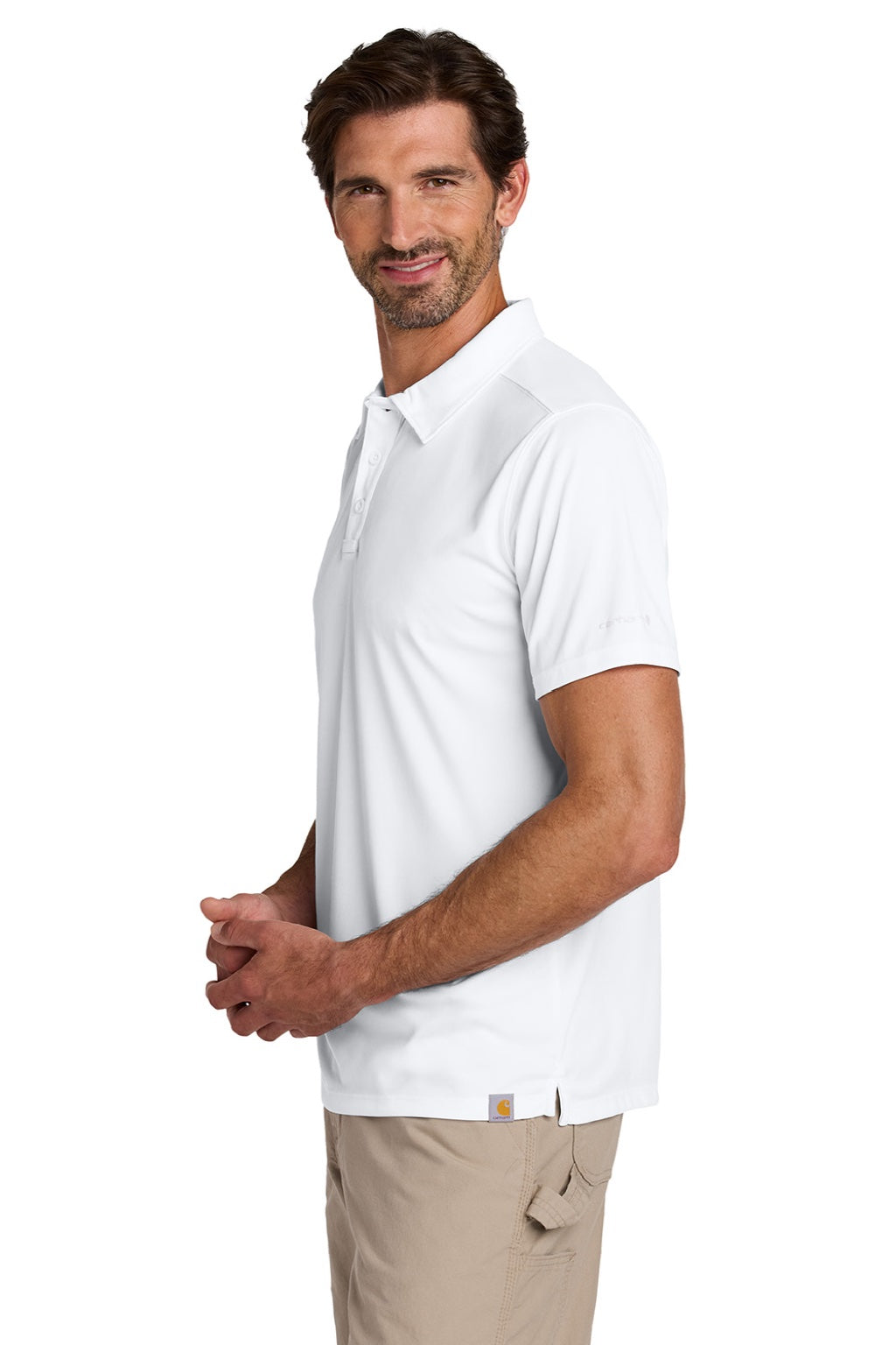 Carhartt CT106899 Mens Force Sun Defender Moisture Wicking Short Sleeve Polo Shirt White Model Side