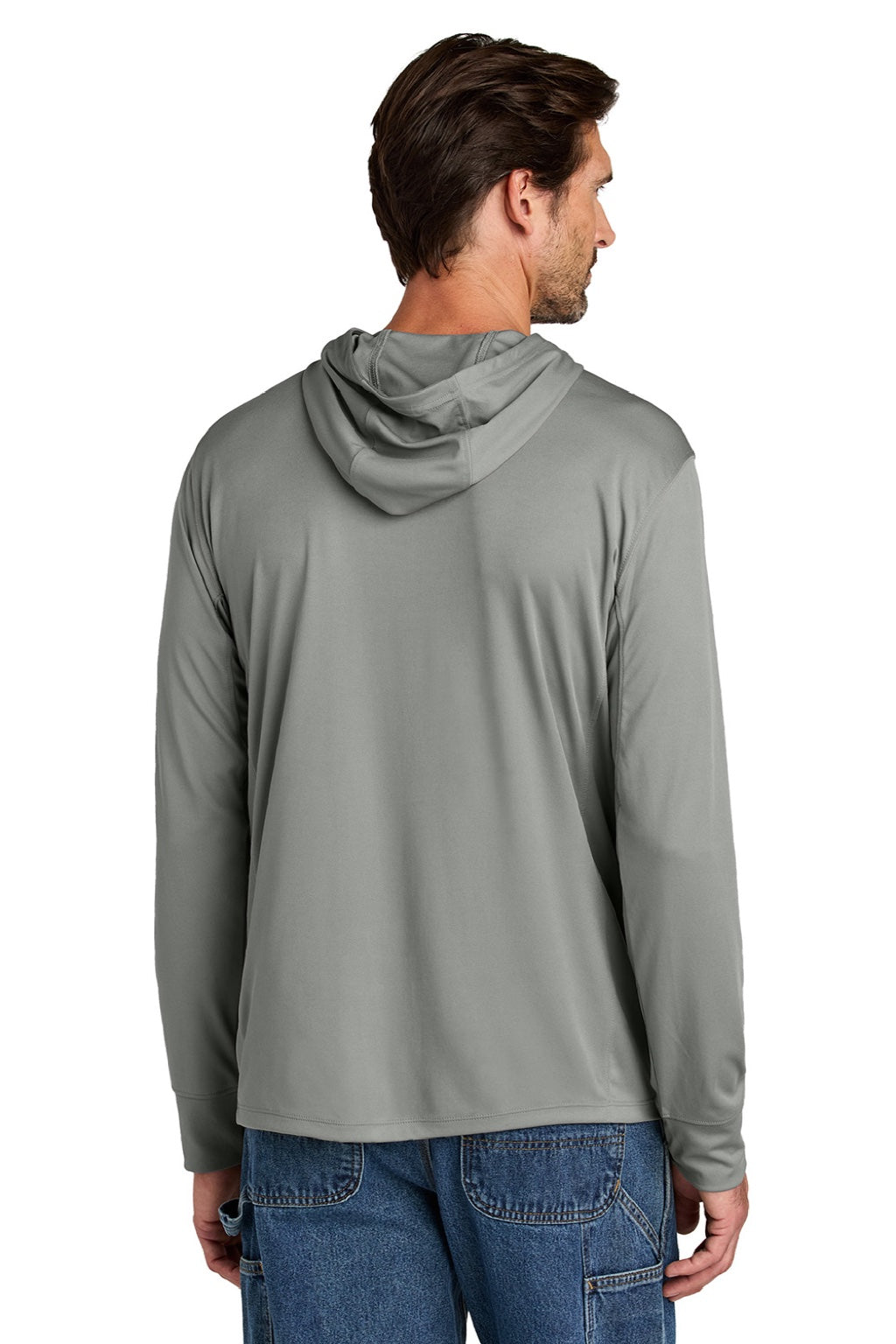 Carhartt CT106923 Mens Force Sun Defender Moisture Wicking Long Sleeve Hooded T-Shirt Hoodie w/ Pouch Pocket Asphalt Grey Model Back