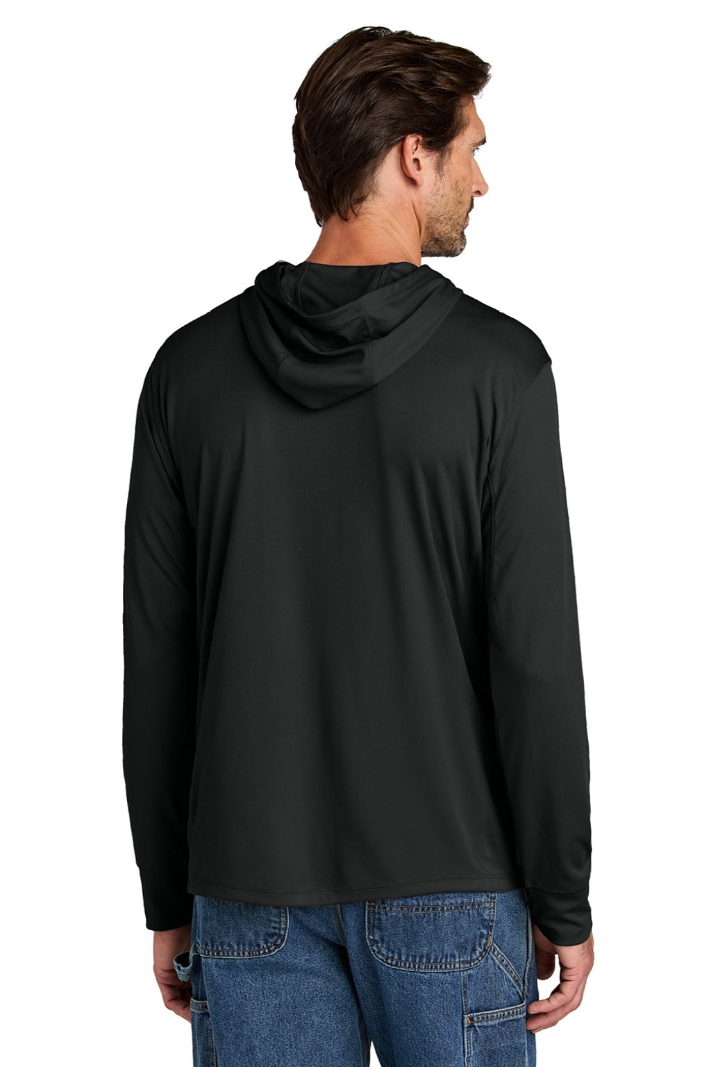 Carhartt CT106923 Mens Force Sun Defender Moisture Wicking Long Sleeve Hooded T-Shirt Hoodie w/ Pouch Pocket Black Model Back