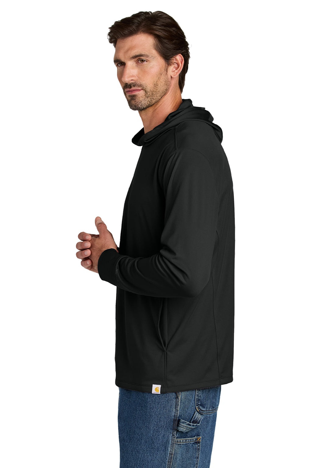Carhartt CT106923 Mens Force Sun Defender Moisture Wicking Long Sleeve Hooded T-Shirt Hoodie w/ Pouch Pocket Black Model Side