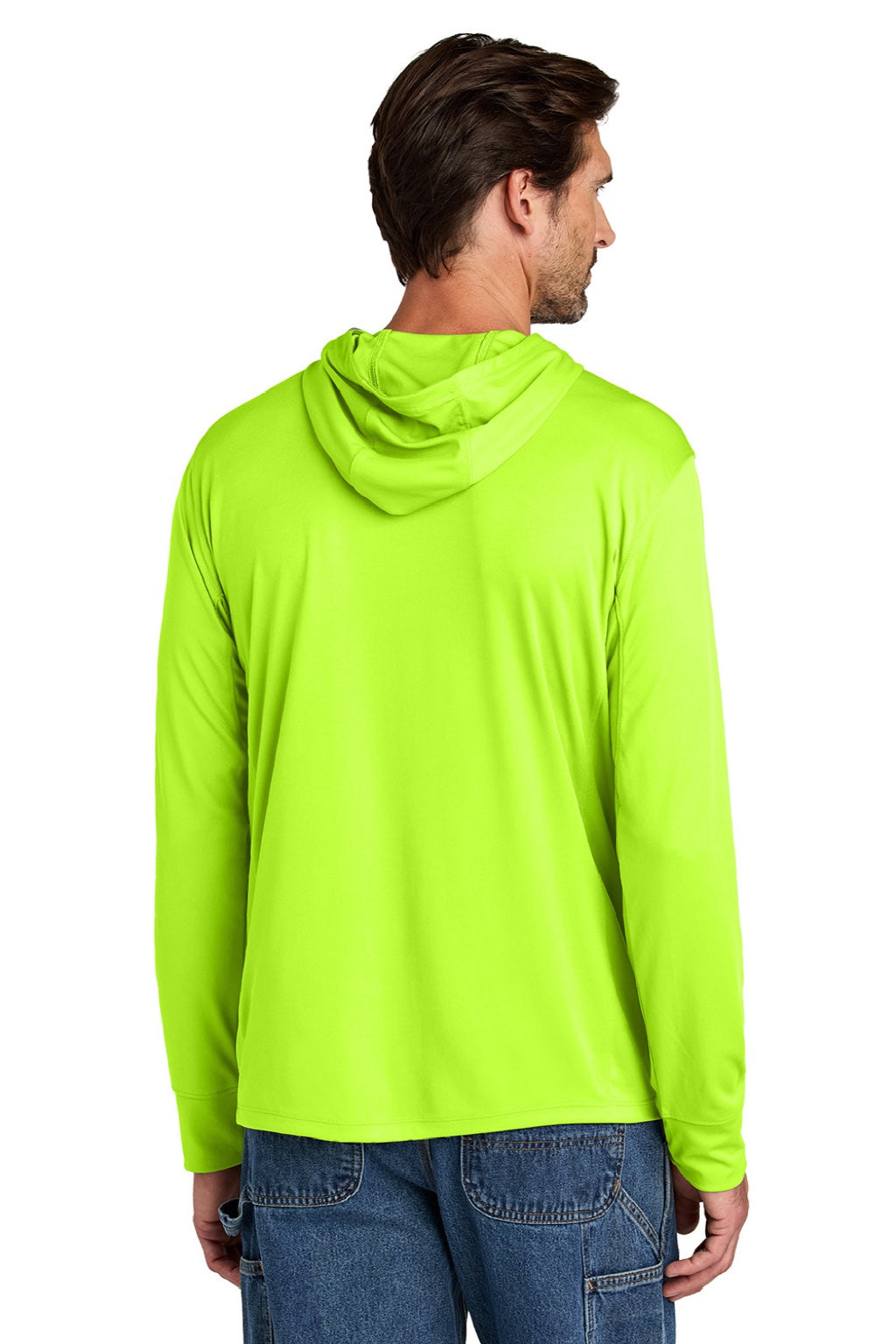 Carhartt CT106923 Mens Force Sun Defender Moisture Wicking Long Sleeve Hooded T-Shirt Hoodie w/ Pouch Pocket Brite Lime Green Model Back