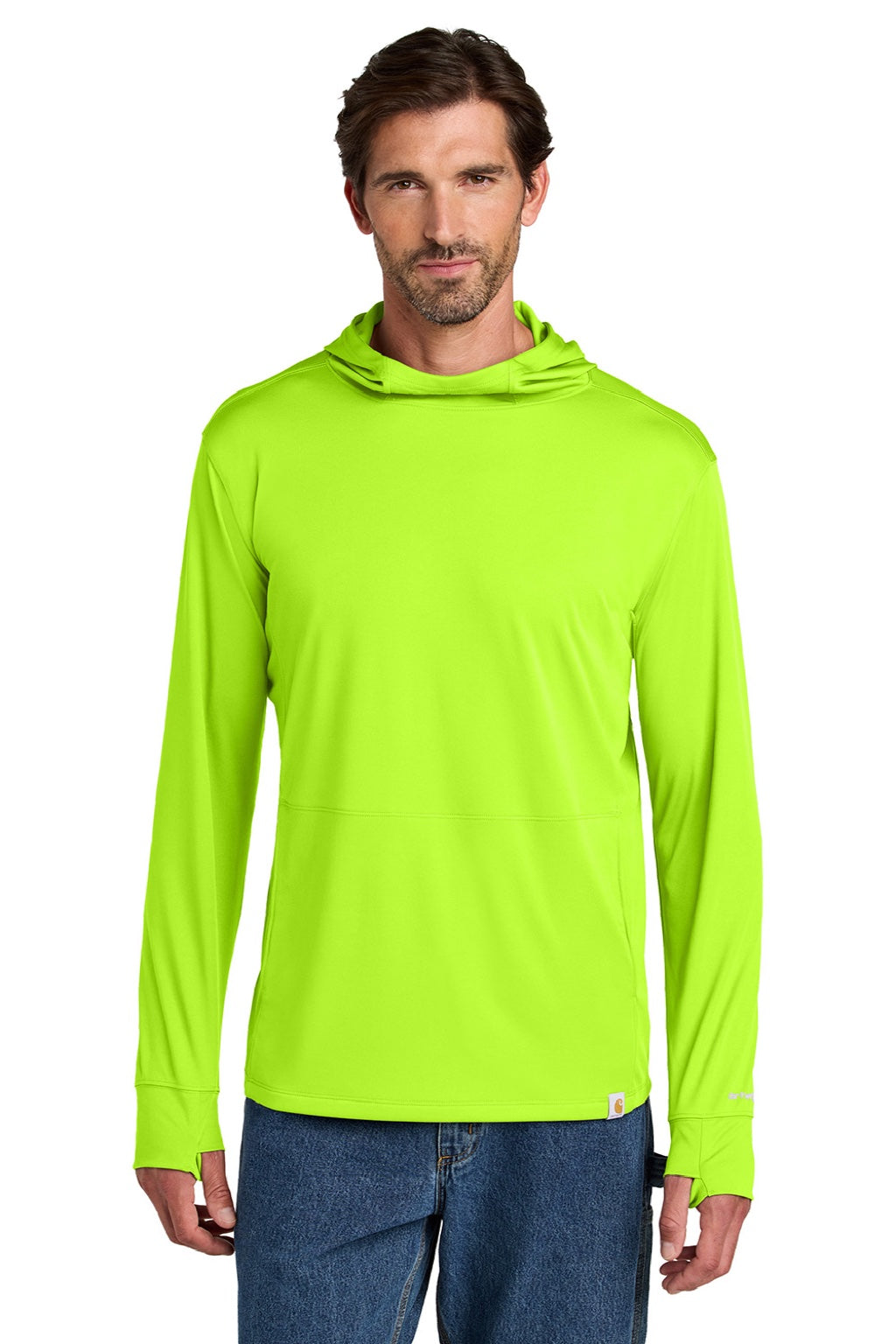 Carhartt CT106923 Mens Force Sun Defender Moisture Wicking Long Sleeve Hooded T-Shirt Hoodie w/ Pouch Pocket Brite Lime Green Model Front