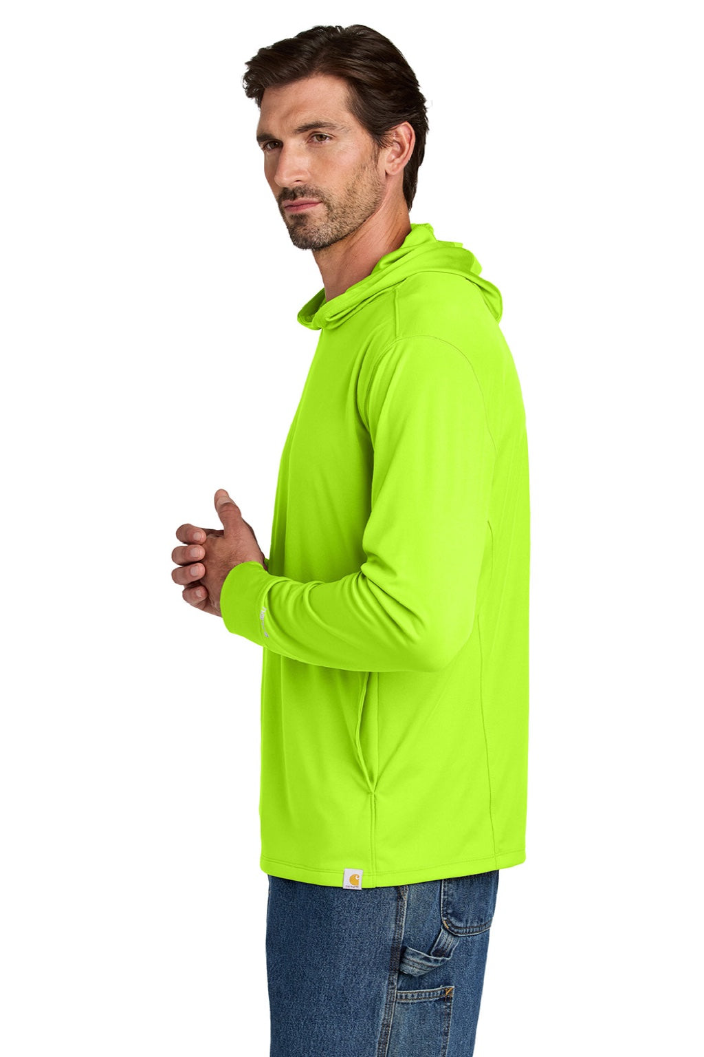 Carhartt CT106923 Mens Force Sun Defender Moisture Wicking Long Sleeve Hooded T-Shirt Hoodie w/ Pouch Pocket Brite Lime Green Model Side