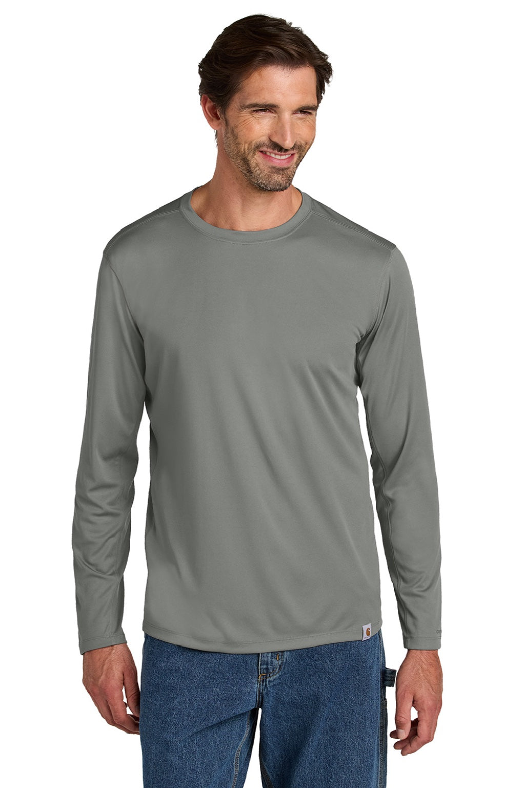 Carhartt CT106972 Mens Force Sun Defender Moisture Wicking Long Sleeve Crewneck T-Shirt Asphalt Grey Model Front