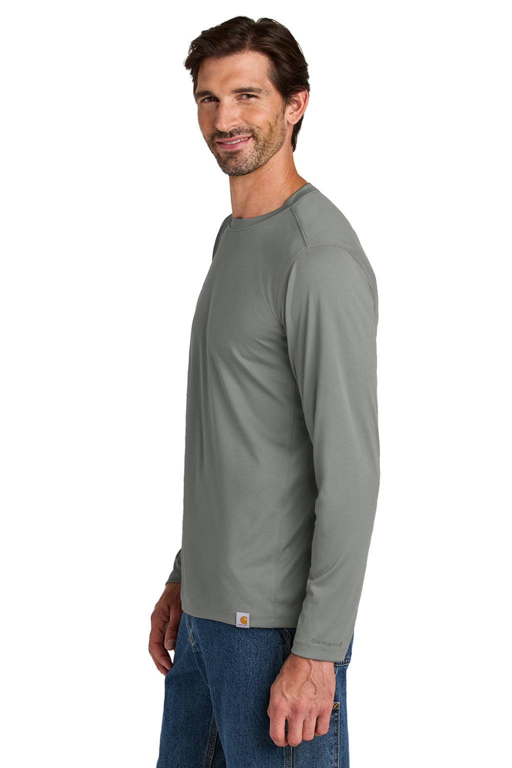 Carhartt CT106972 Mens Force Sun Defender Moisture Wicking Long Sleeve Crewneck T-Shirt Asphalt Grey Model Side