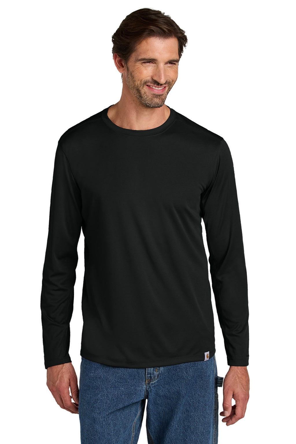 Carhartt CT106972 Mens Force Sun Defender Moisture Wicking Long Sleeve Crewneck T-Shirt Black Model Front