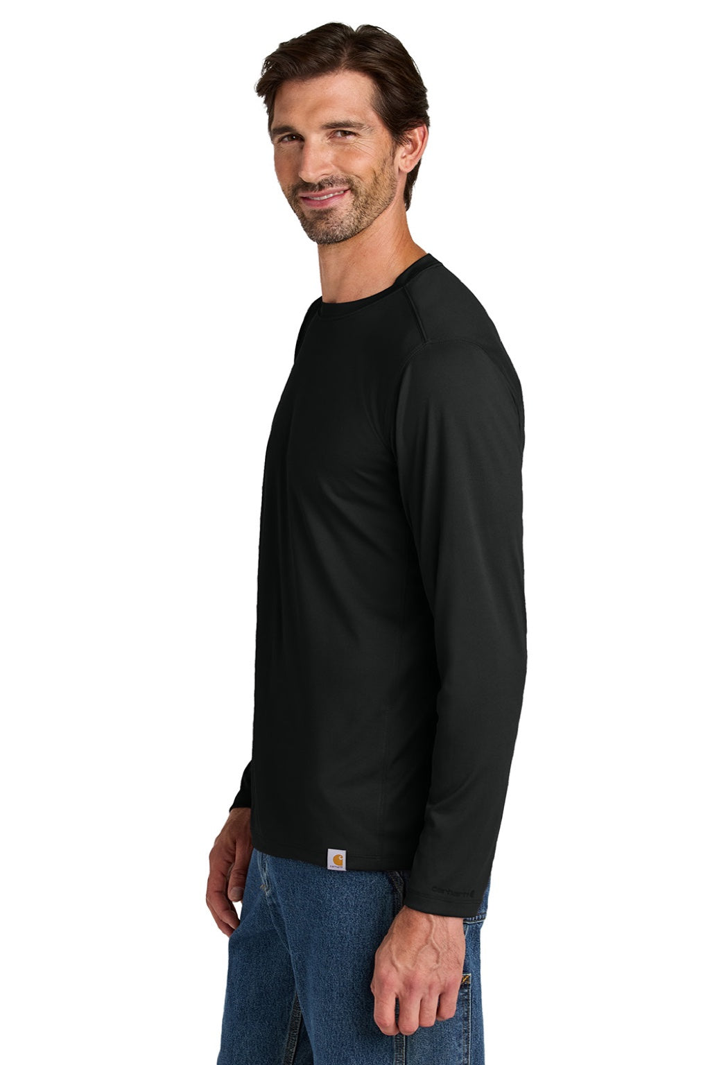 Carhartt CT106972 Mens Force Sun Defender Moisture Wicking Long Sleeve Crewneck T-Shirt Black Model Side