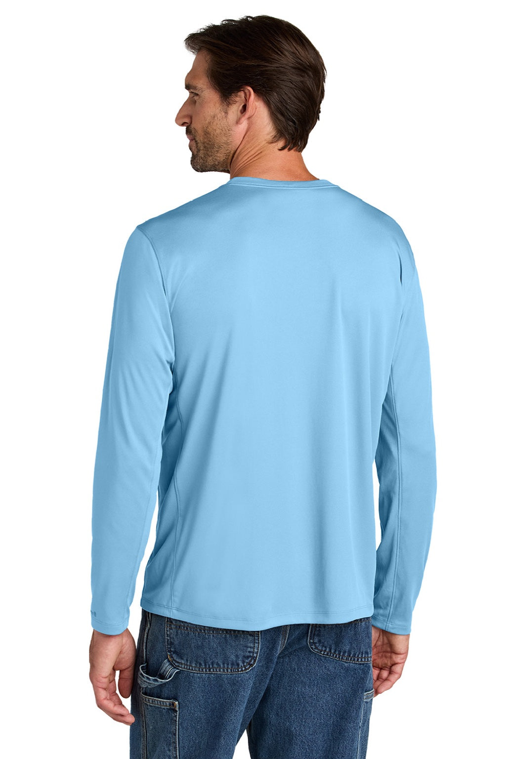Carhartt CT106972 Mens Force Sun Defender Moisture Wicking Long Sleeve Crewneck T-Shirt Fresh Water Blue Model Back
