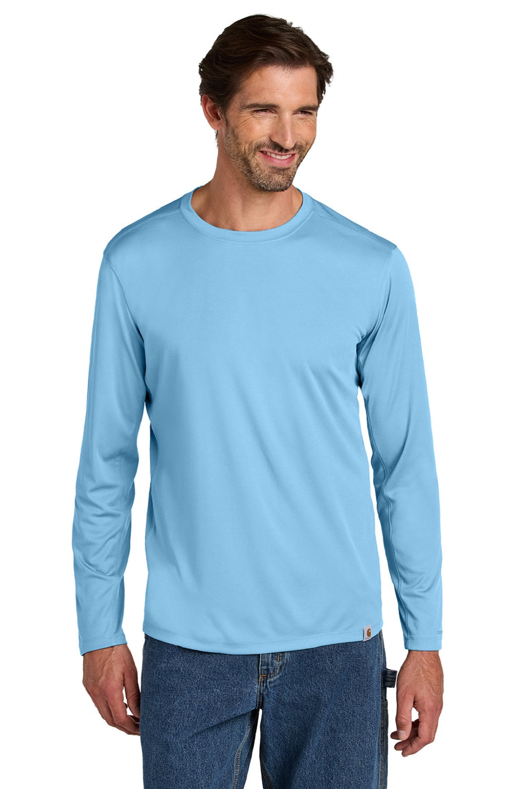 Carhartt CT106972 Mens Force Sun Defender Moisture Wicking Long Sleeve Crewneck T-Shirt Fresh Water Blue Model Front
