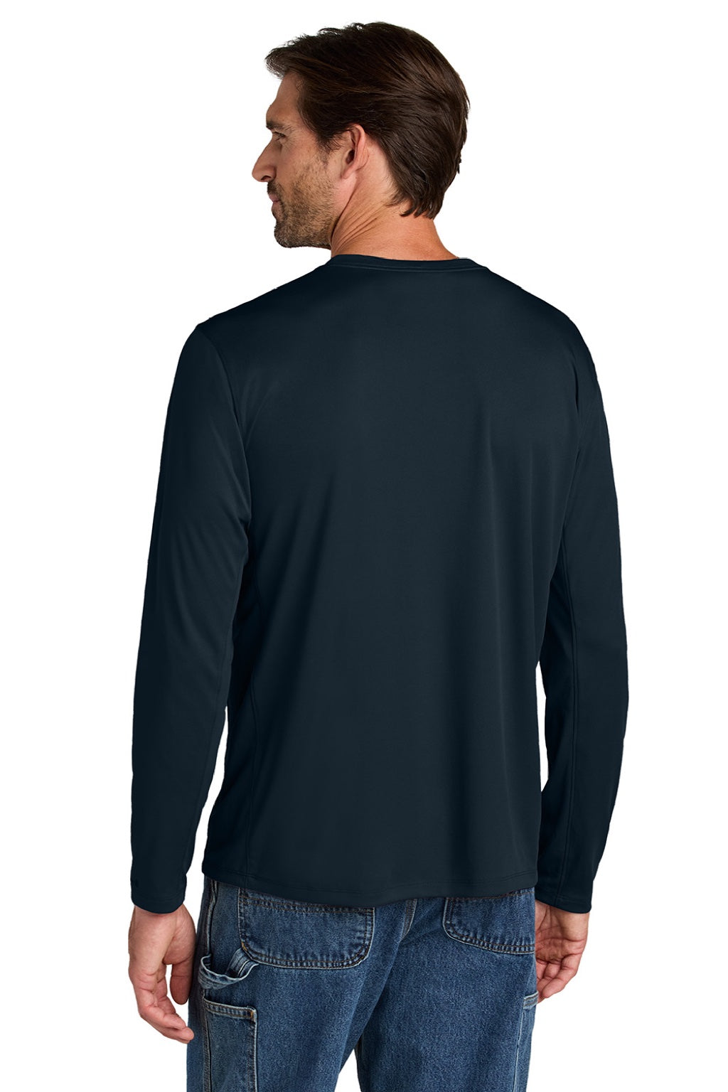 Carhartt CT106972 Mens Force Sun Defender Moisture Wicking Long Sleeve Crewneck T-Shirt Navy Blue Model Back