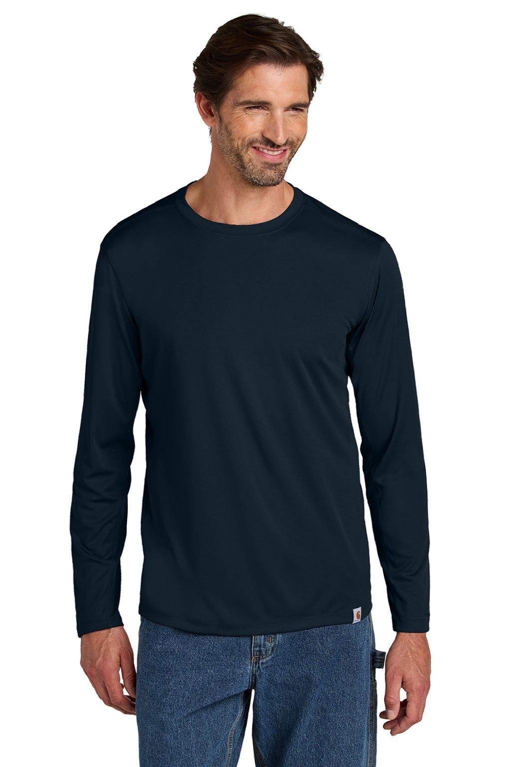 Carhartt CT106972 Mens Force Sun Defender Moisture Wicking Long Sleeve Crewneck T-Shirt Navy Blue Model Front