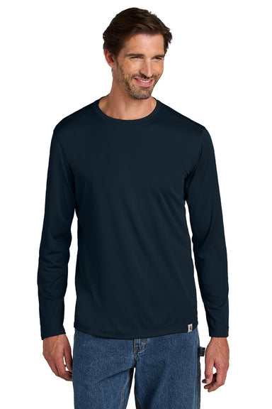 Carhartt CT106972 Mens Force Sun Defender Moisture Wicking Long Sleeve Crewneck T-Shirt Navy Blue Model Front
