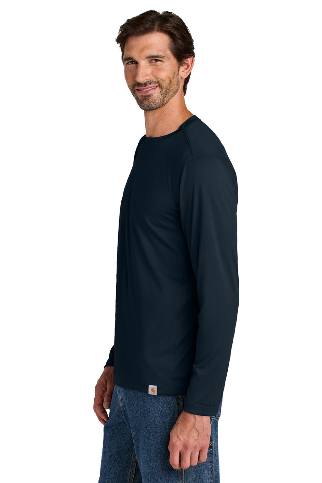 Carhartt CT106972 Mens Force Sun Defender Moisture Wicking Long Sleeve Crewneck T-Shirt Navy Blue Model Side