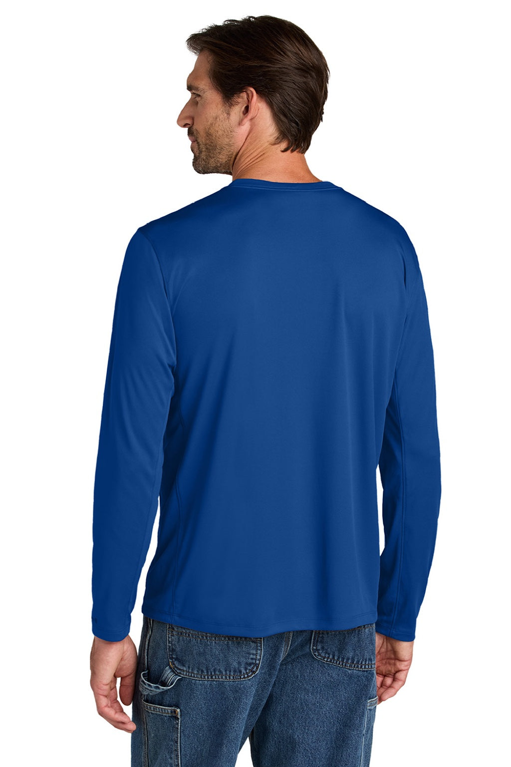 Carhartt CT106972 Mens Force Sun Defender Moisture Wicking Long Sleeve Crewneck T-Shirt Royal Glass Blue Model Back
