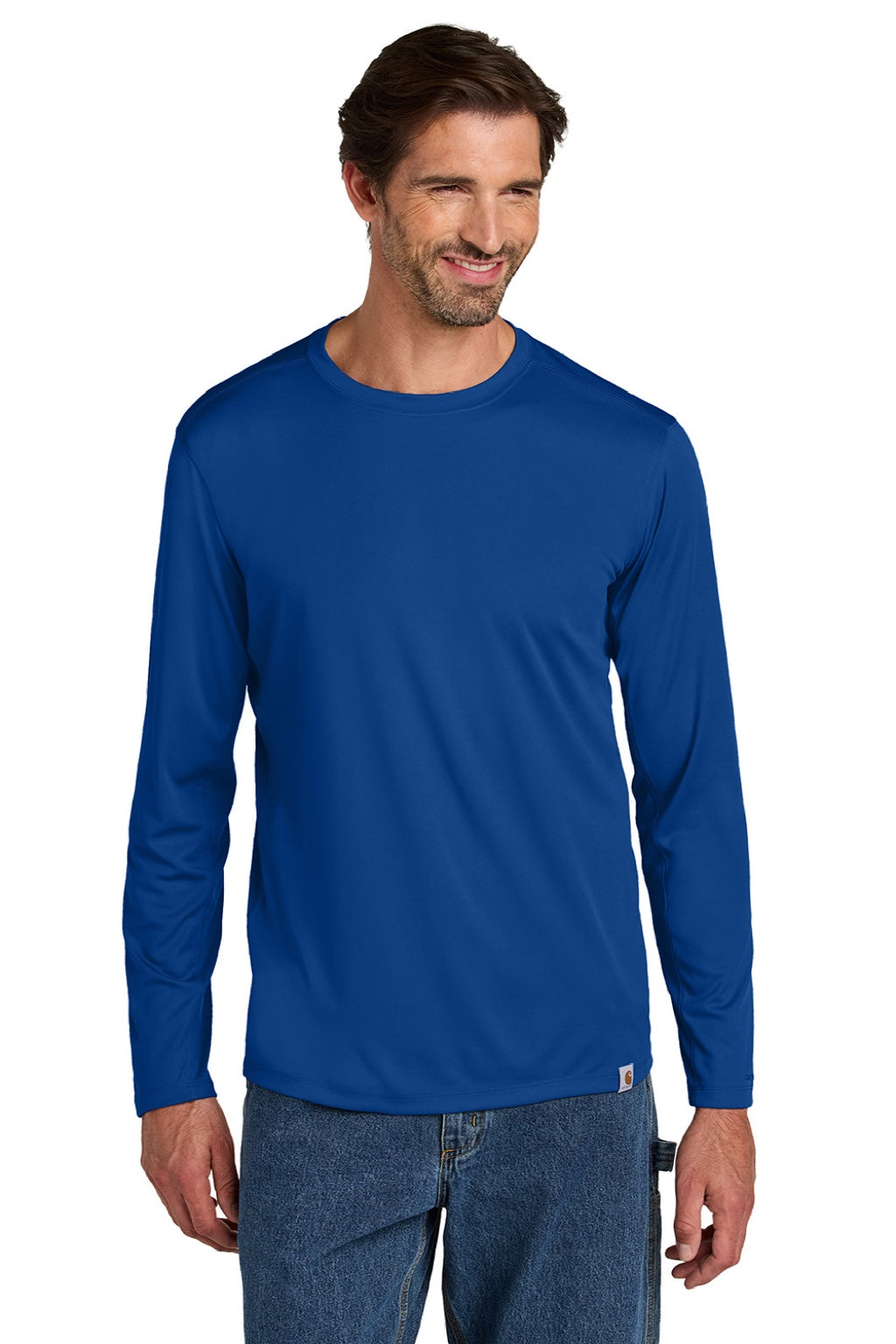 Carhartt CT106972 Mens Force Sun Defender Moisture Wicking Long Sleeve Crewneck T-Shirt Royal Glass Blue Model Front