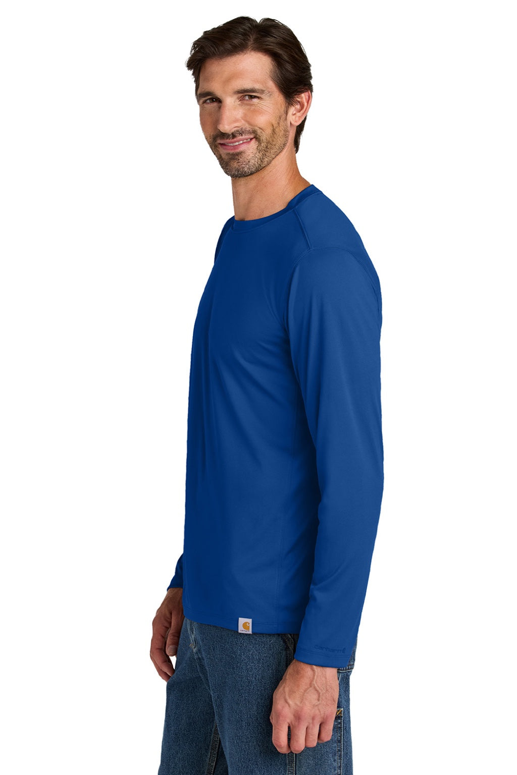 Carhartt CT106972 Mens Force Sun Defender Moisture Wicking Long Sleeve Crewneck T-Shirt Royal Glass Blue Model Side