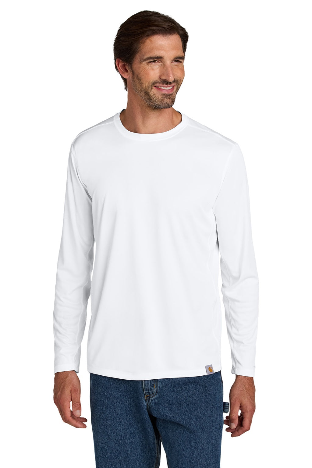 Carhartt CT106972 Mens Force Sun Defender Moisture Wicking Long Sleeve Crewneck T-Shirt White Model Front
